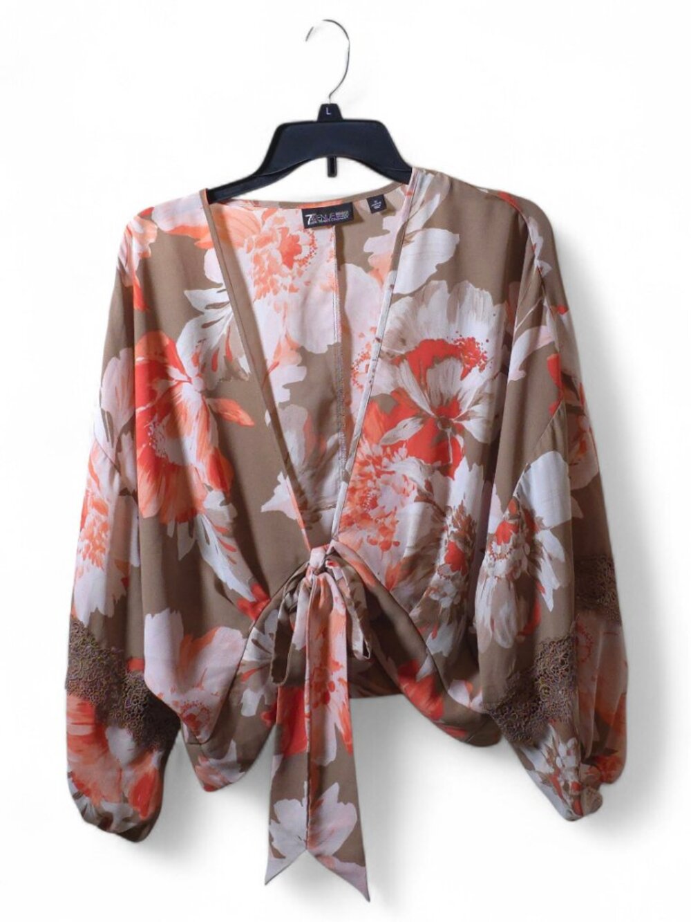 Floral Wrap Tie Front Blouse L Kimono Sleeve Bohemian Surplice Lightweight Top